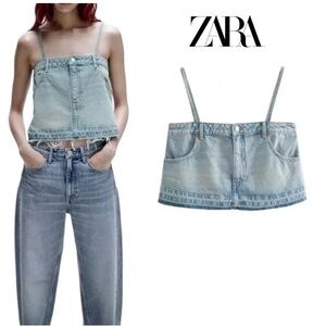 ZARA Denim Jean Cropped Top Spaghetti Strap Blue Wash  Bloggers fave XS